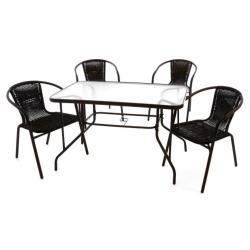 Levný zahradní jídelní set 4 + 1, obdélníkový stůl skleněný + ratanové židle, hnědý