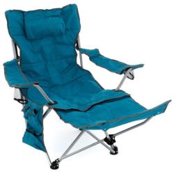 Modrá kempingová židle s odnímatelným dílem na nohy a úložnou kapsou