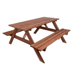 Venkovní sestava stůl a 2 lavice pevně spojené, masivní dřevo borovice + impregnace kaštan, 220 cm