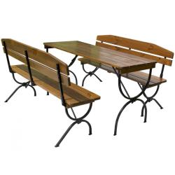 Set stůl + 2 lavice s opěradlem masiv borovice + kovová podnož skládací, 180 cm