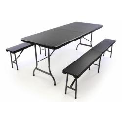 Skládací venkovní přenosný set stůl + lavice, ratanový vzhled, černý, 180 cm