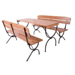 Skládací venkovní set nábytku stůl + lavice s opěradlem, dřevo + kov, 160 cm