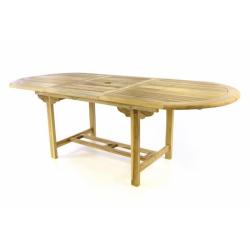 Velký dřevěný rozkládací stůl masivní teak oválný s otvorem pro slunečník 170/230 cm