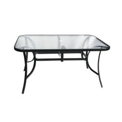 Obdélníkový venkovní jídelní stůl kov / sklo, otvor na slunečník, černý, 150x90 cm