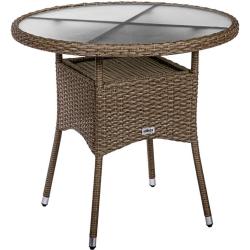 Venkovní ratanový stolek kulatý průměr 80 cm, skleněná deska, krémový (světle hnědý)
