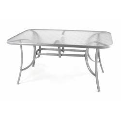 Kovový zahradní stůl se skleněnou deskou šedý, otvor na slunečník, 150x97 cm