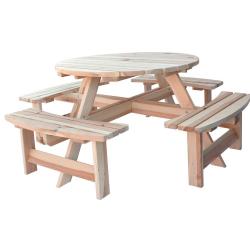 Pivní set - kulatý stůl + 4 lavice, masivní dřevo nelakované přírodní