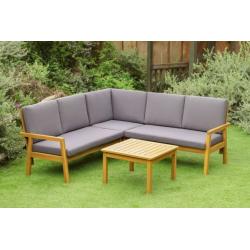 Zahradní nábytek rohová lavice + stolek, masivní dřevo akácie + textilní podušky, hnědá / šedá