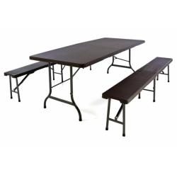 Přenosná skládací sestava stůl + lavice, hnědá - ratanový vzhled, 180 cm